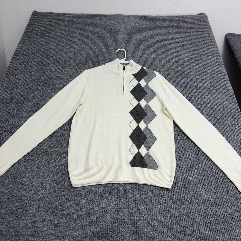 Tricots St Raphael Sweater Mens M Cream Argyle Quarter Zip Mock Neck Preppy